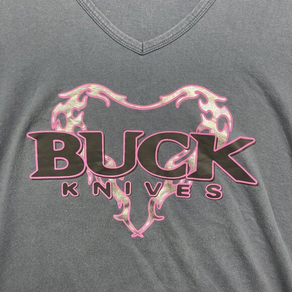 Y2K VTG Buck Knives Gray V Neck T Shirt Women's XXL Goth Holographic Heart Cyber - Picture 9 of 16
